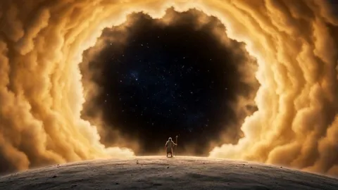 A ring of golden cloud opening over a tiny figure alone on a plain