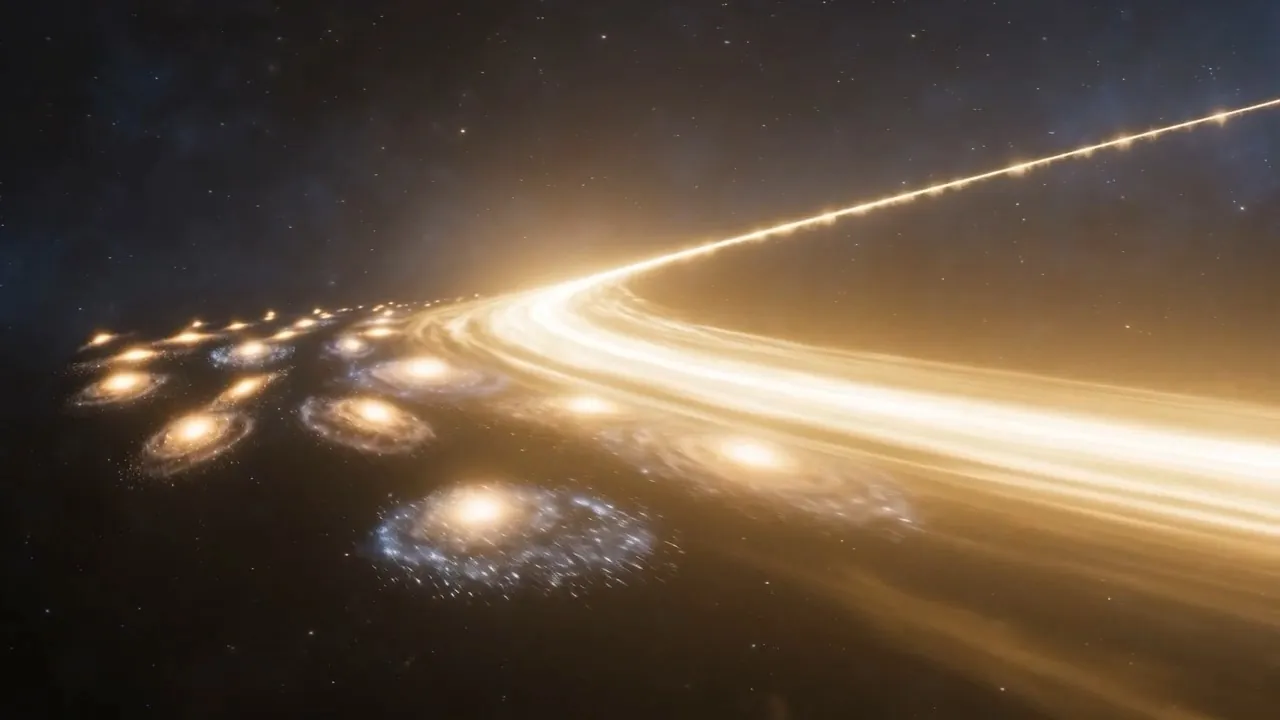 A spiral arm turning, seen edge on
