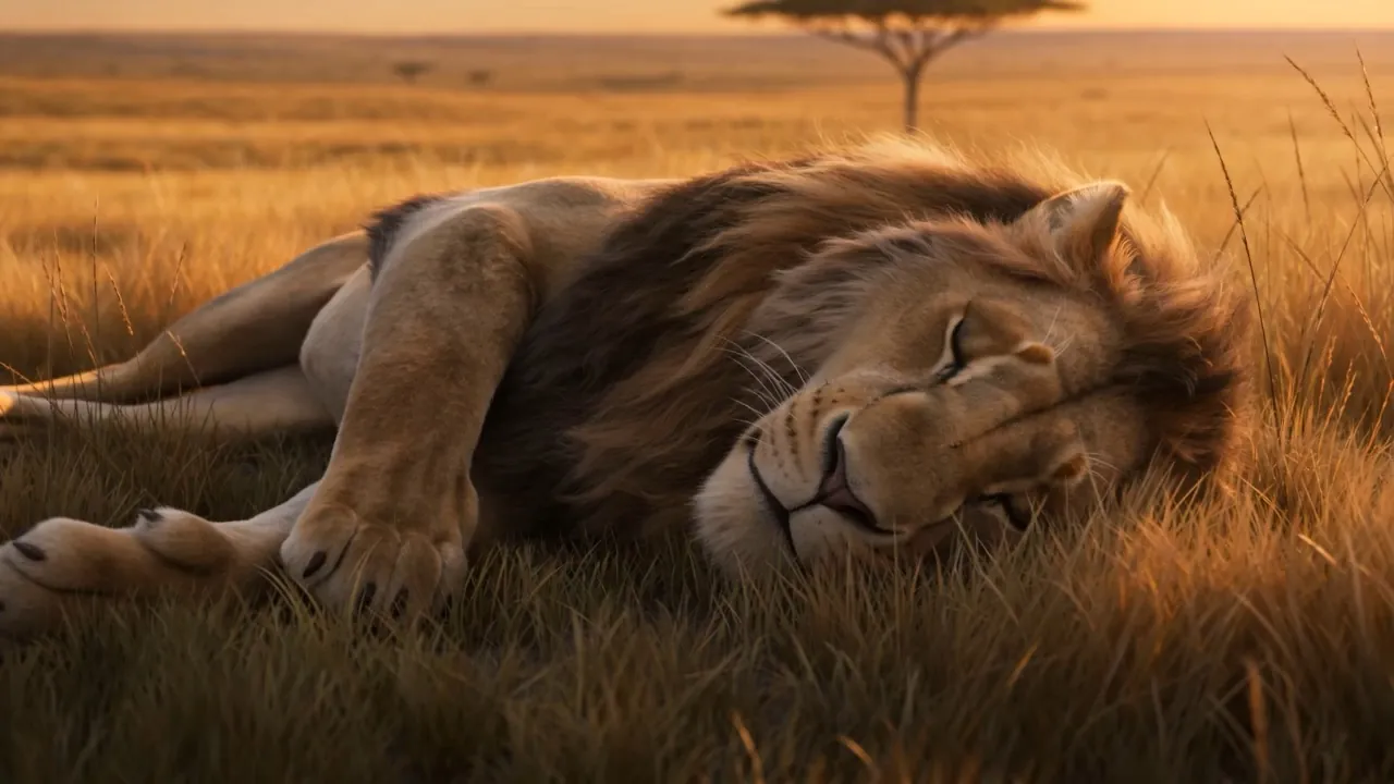 A lion asleep in long grass at sunset