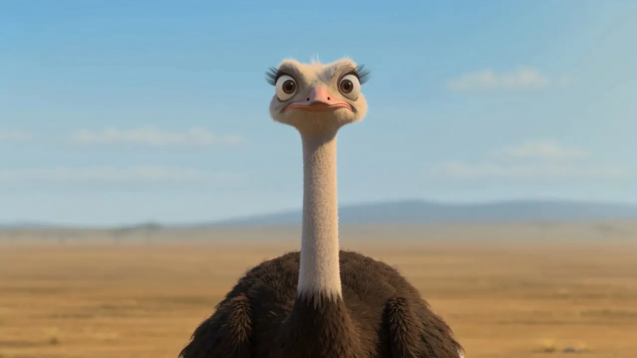 An ostrich looks straight down the lens
