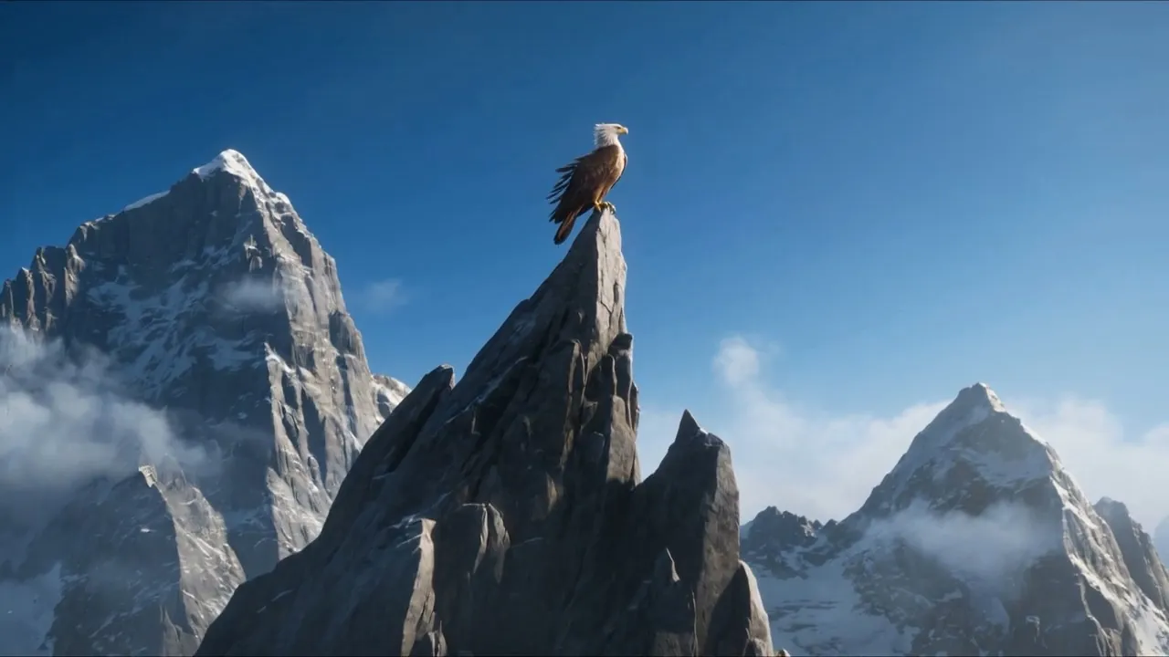 An eagle on a rock spire above the cloud layer