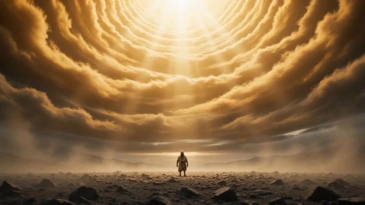 A radiance standing in the cloud above him