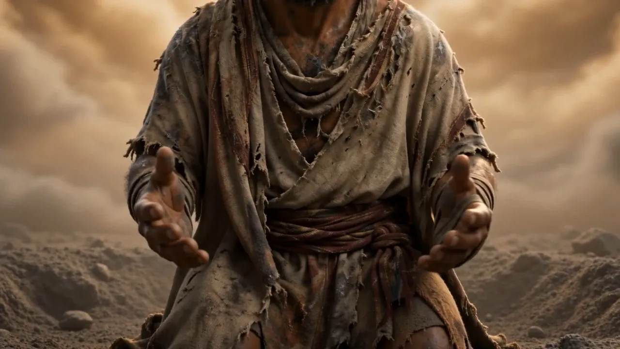 He kneels down in the ash