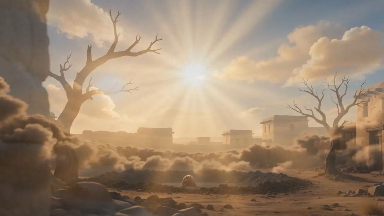 The ruined town, gold-lit