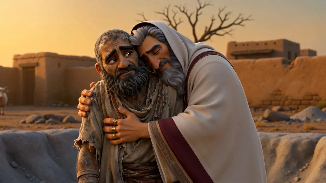 An embrace, foreheads together