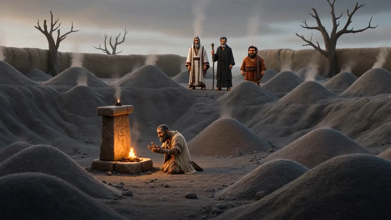 Job kneeling at a small altar, the friends behind him
