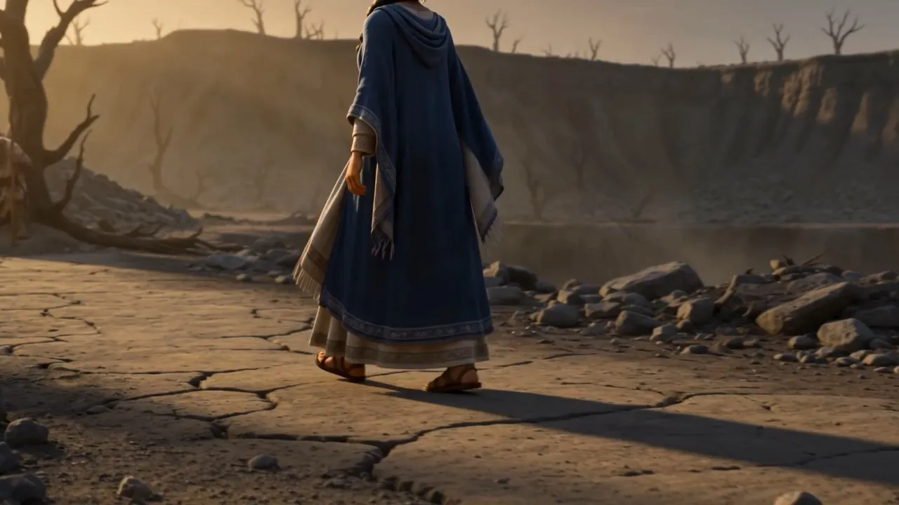 A figure in blue on the cracked ground, walking
