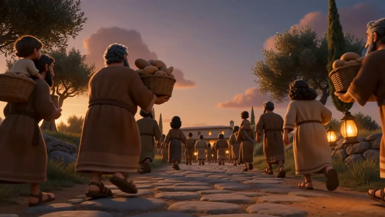 A procession of people coming up a road with baskets