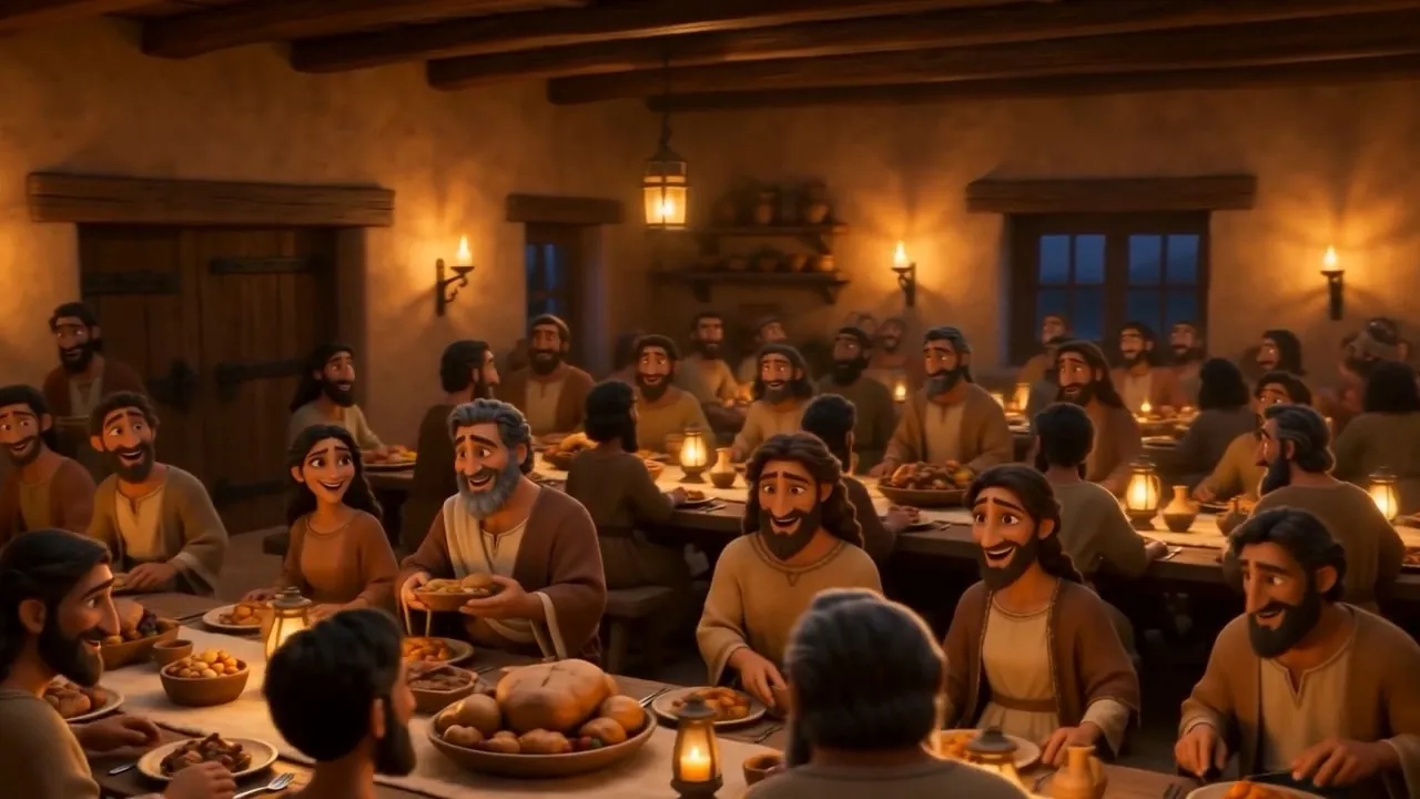 A full table, lamps, everybody talking at once