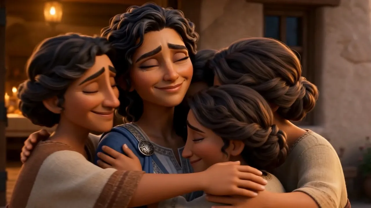 Sisters and a daughter in a tangle of arms