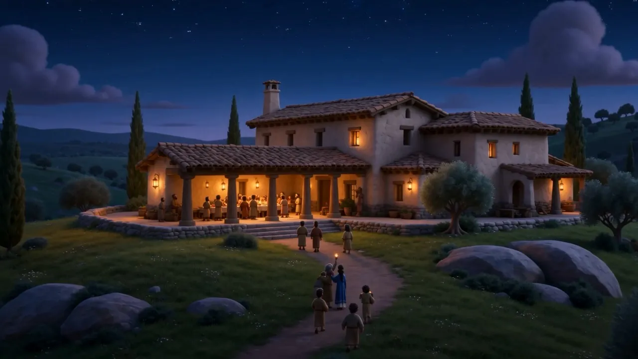 The estate at night, people arriving