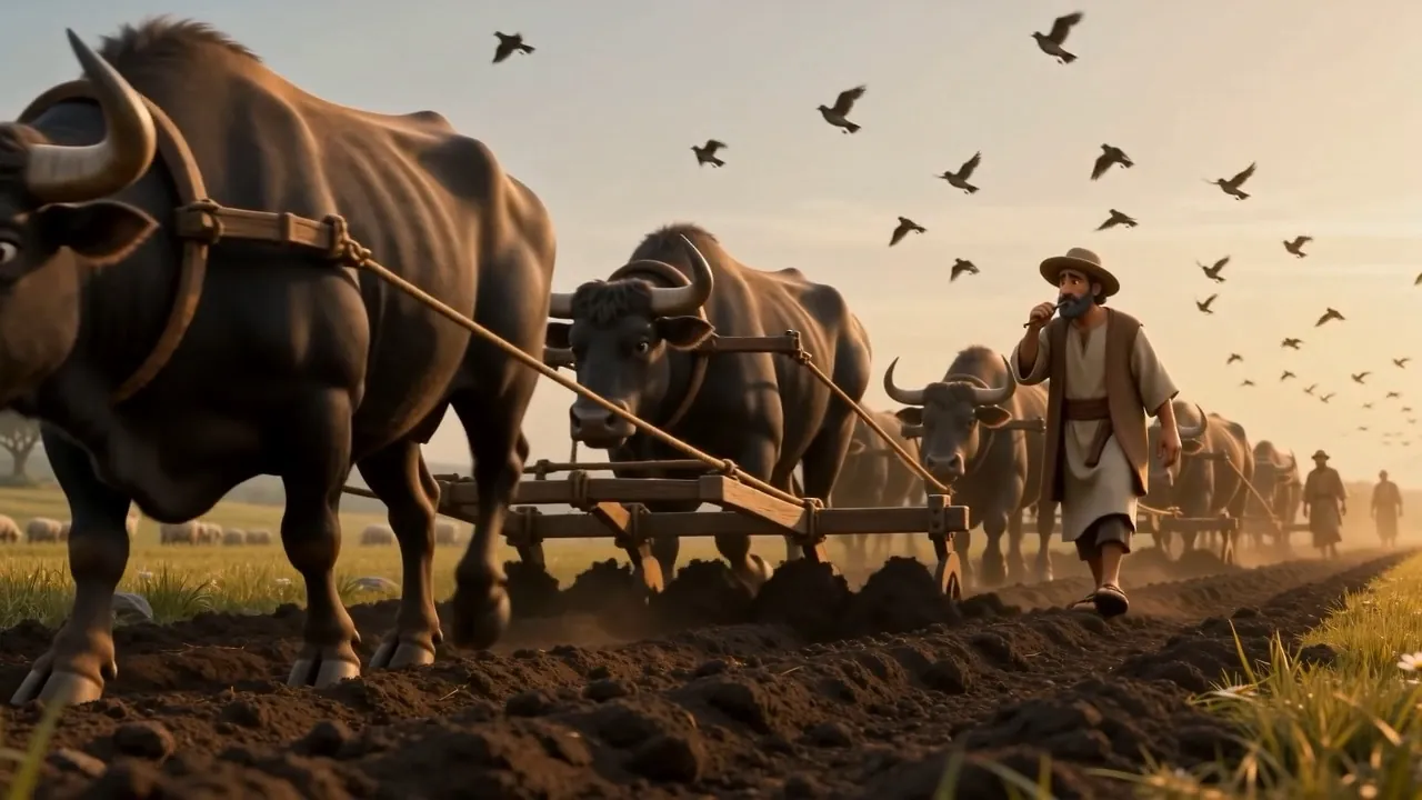 Oxen turning the first furrow of new ground