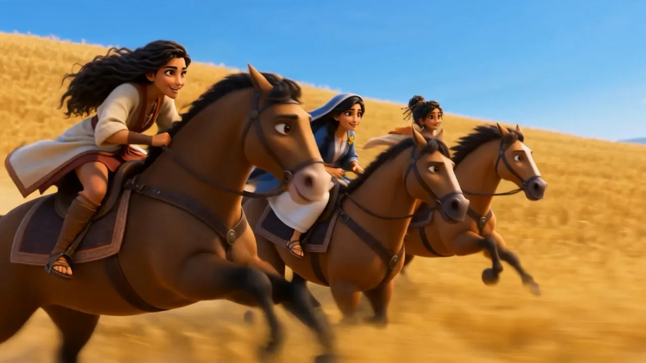 Three young women riding hard through gold wheat
