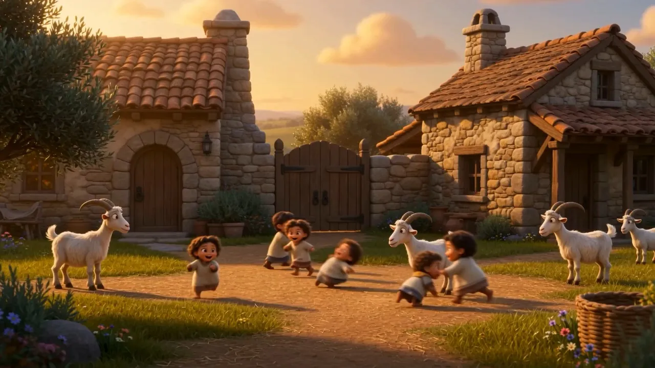 Children and goats in the evening light