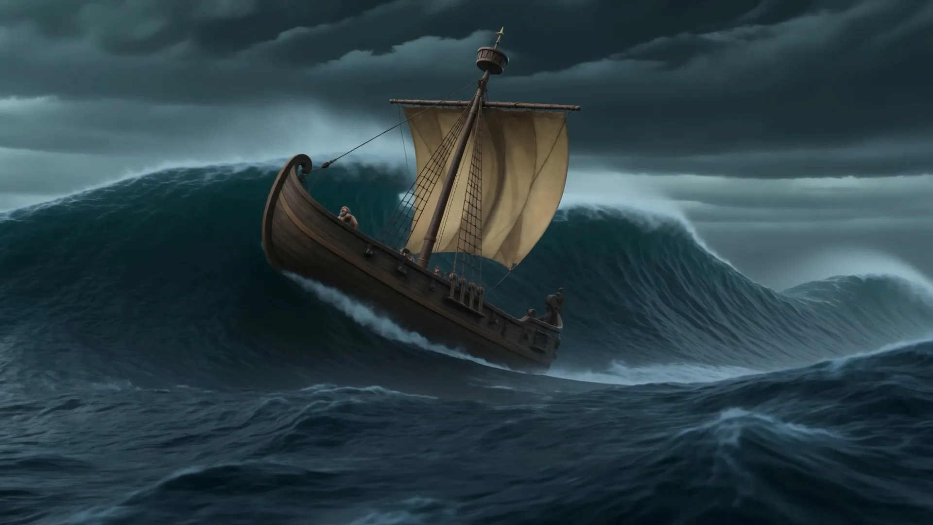 The ship falls into the trough