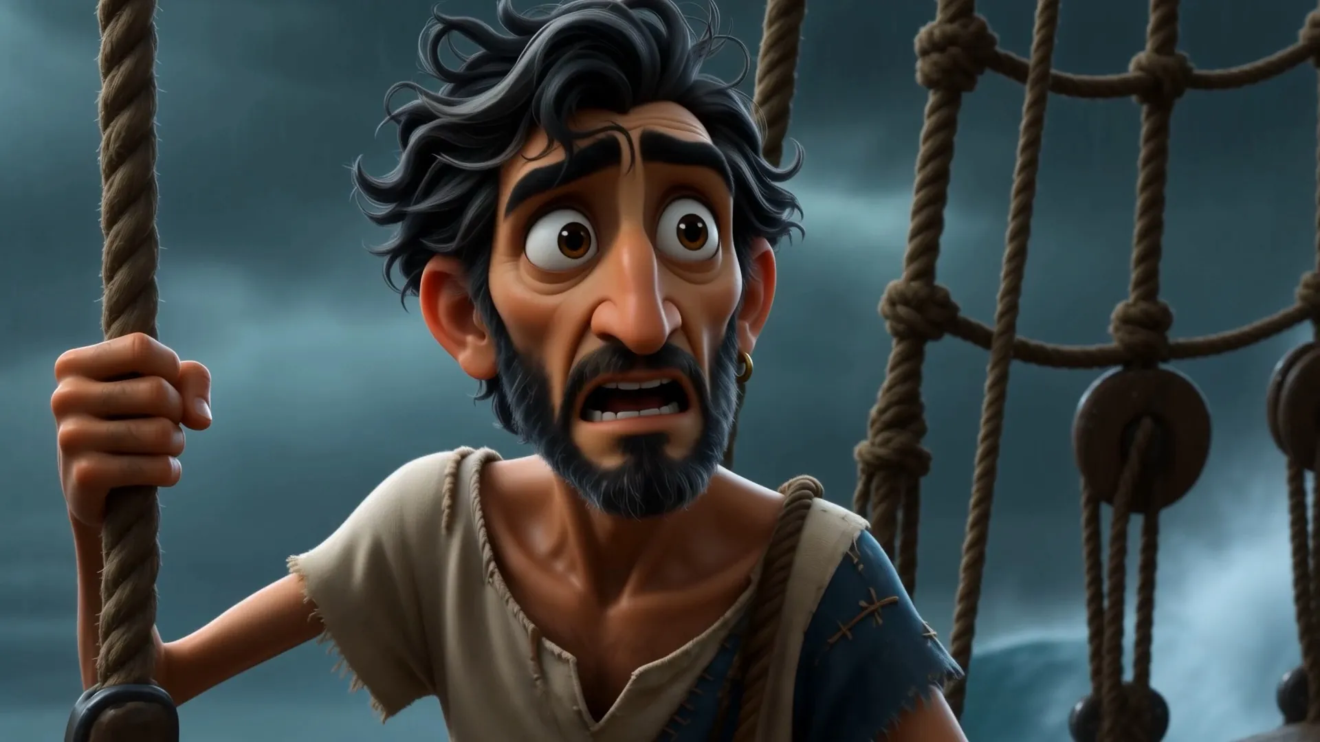 The rope boy grips the rigging, terrified