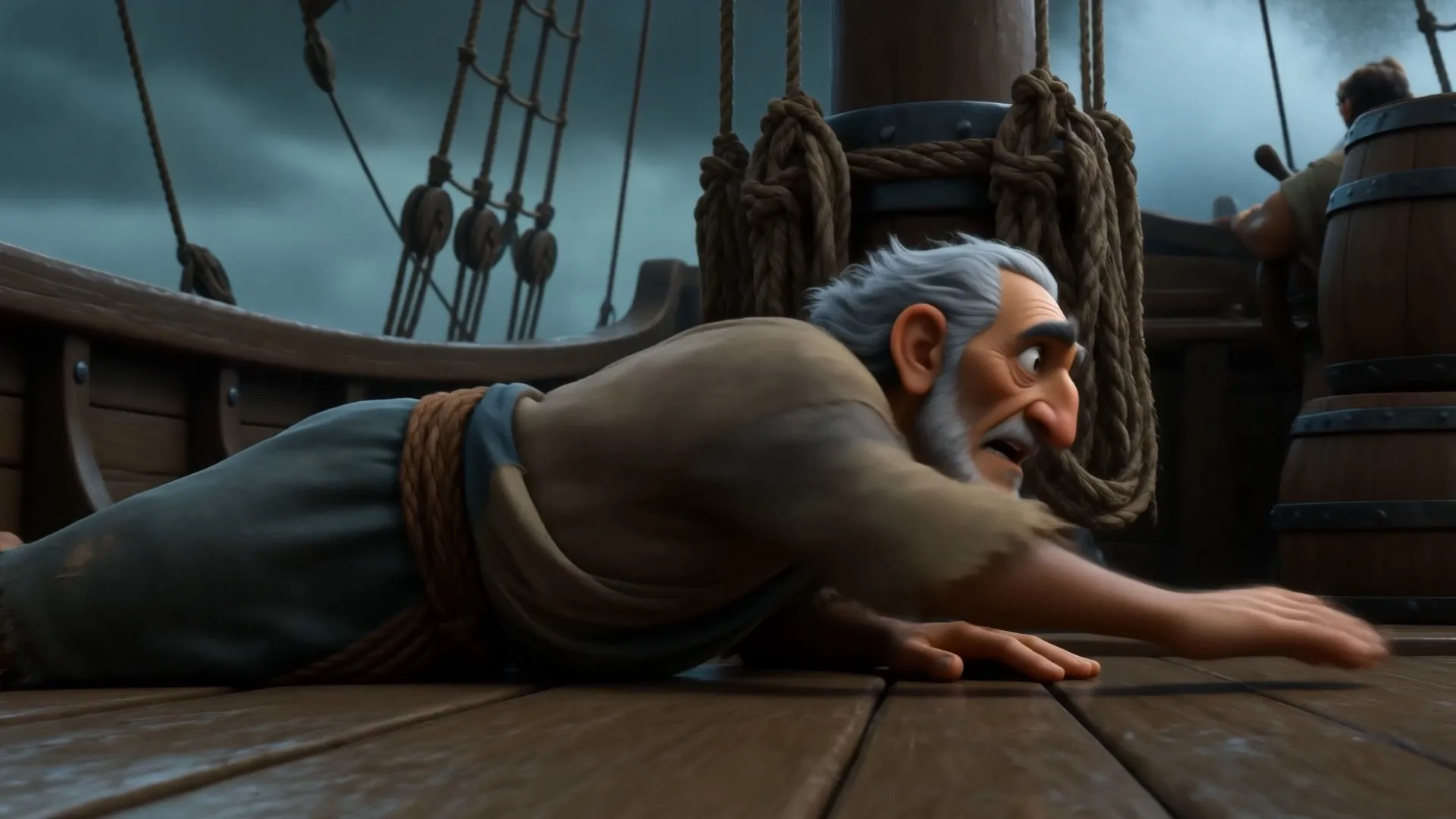Jonah crawls across the deck toward the rail