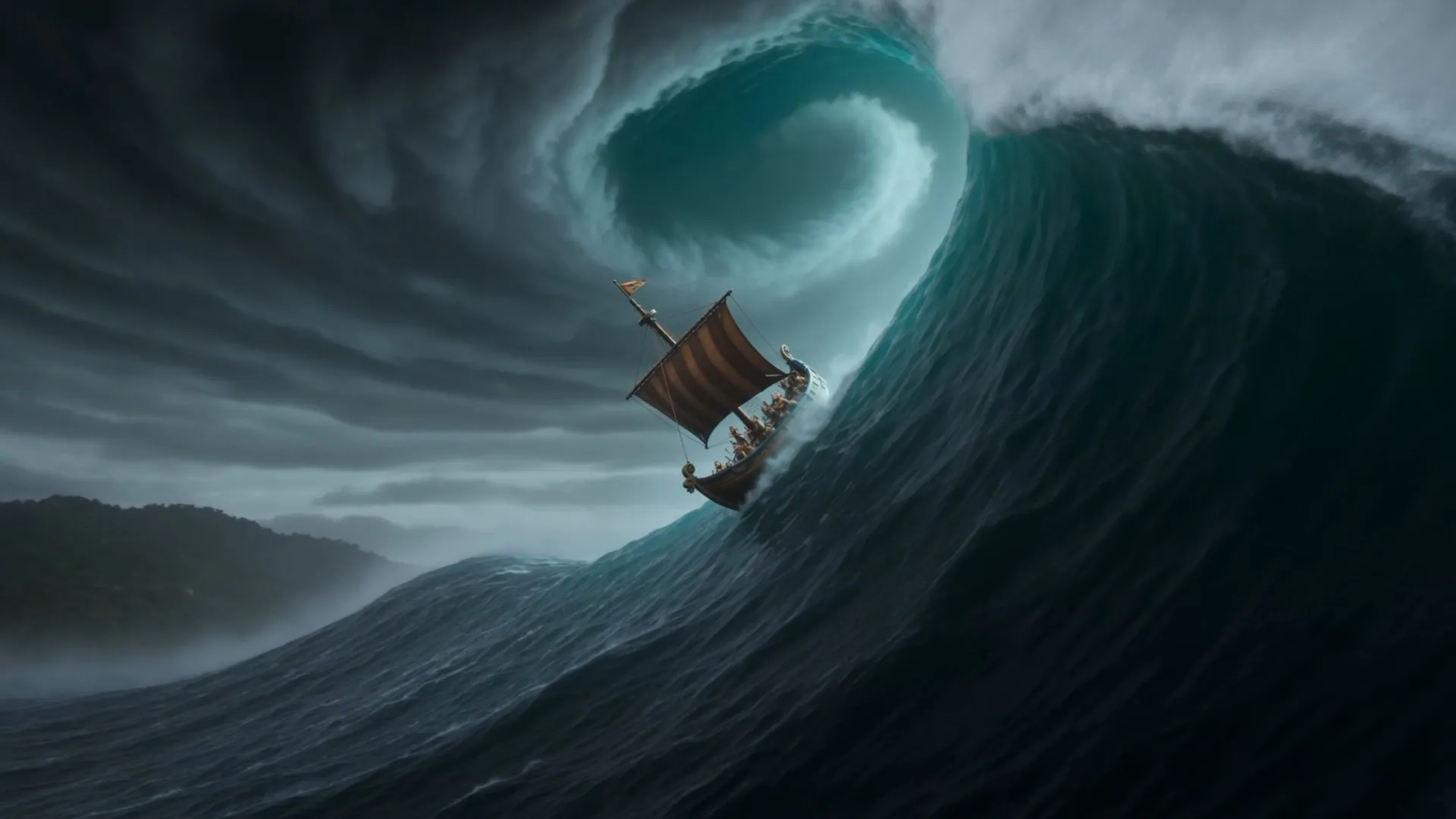 The ship slides on the face of the wave