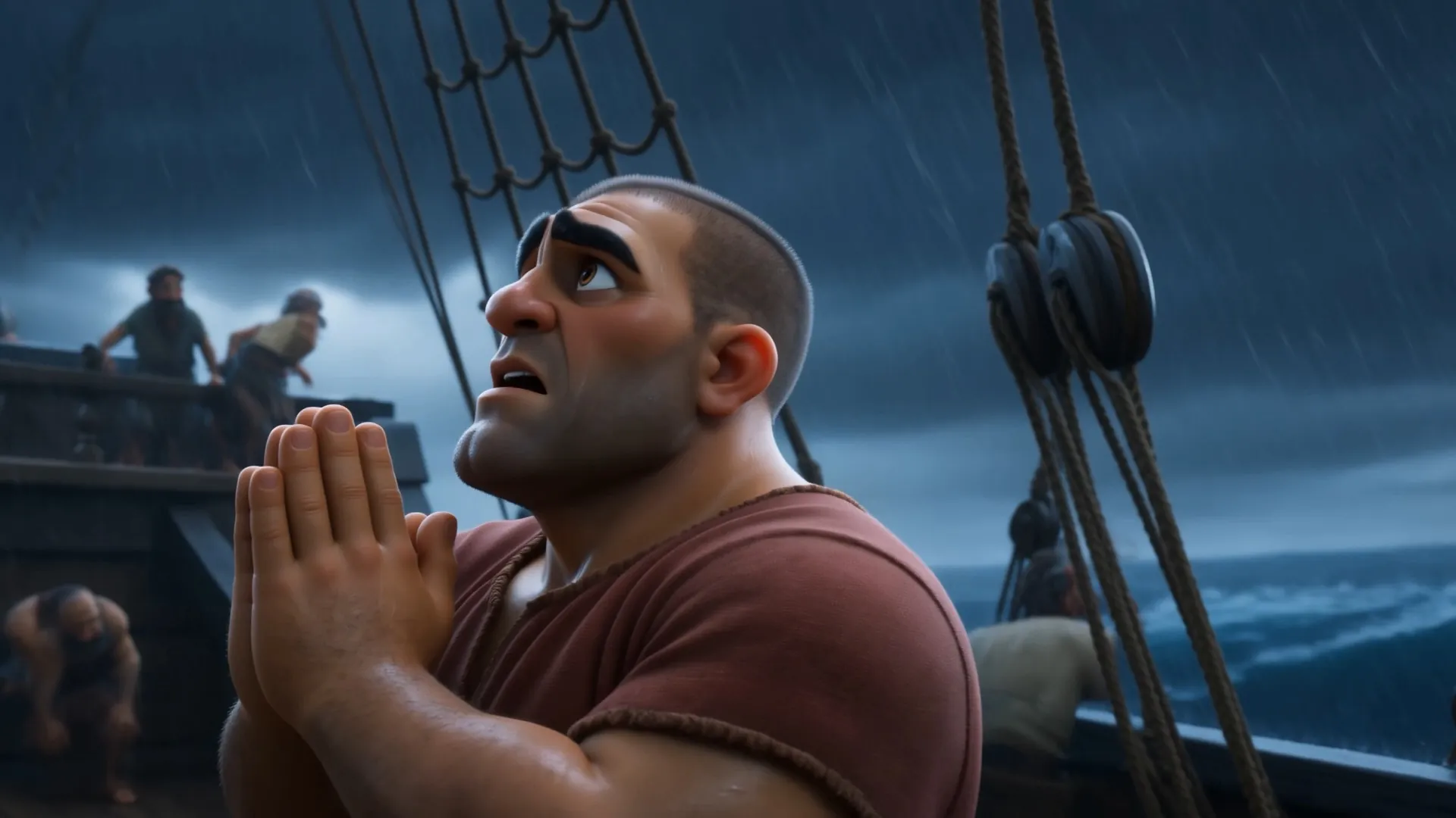 A sailor prays with folded hands in the rain