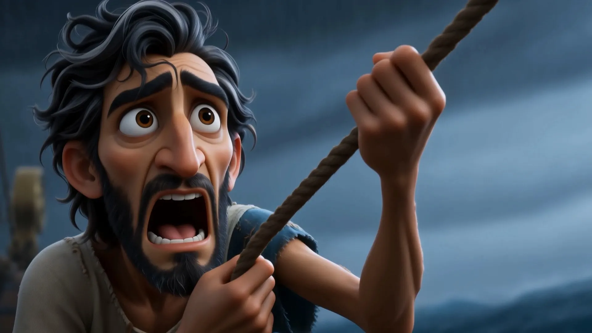 The rope boy screams into the wind