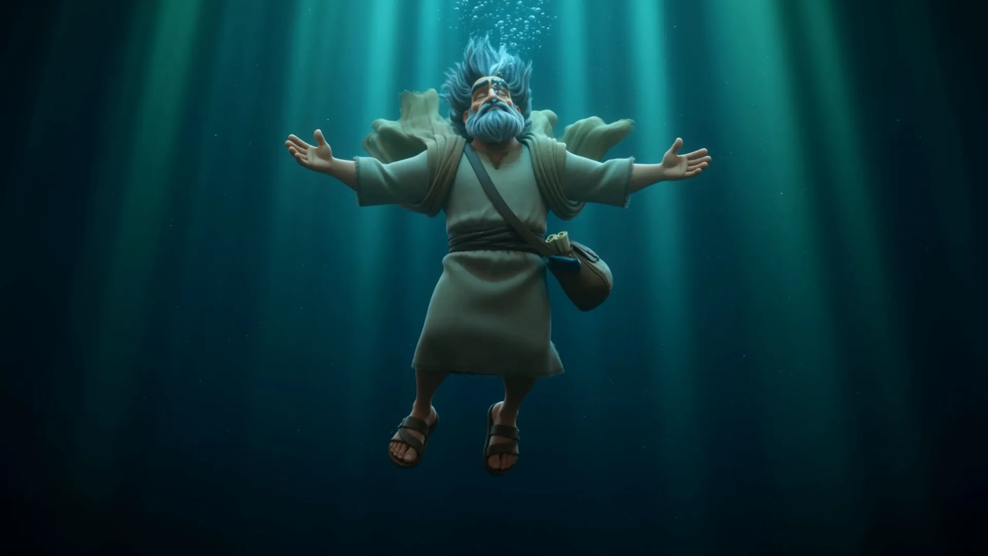 Jonah sinks, arms spread wide, light above