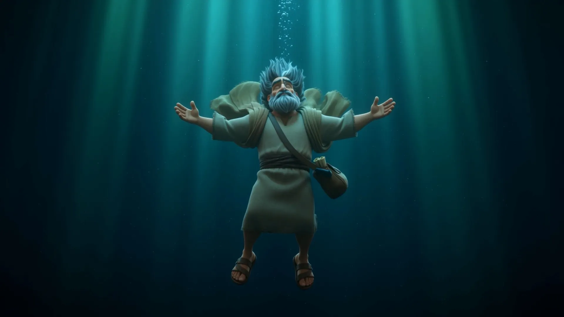 He drifts down through shafts of green light
