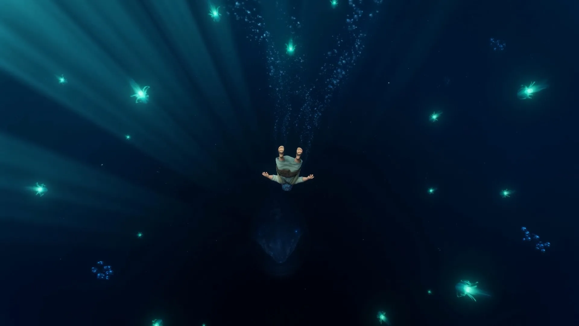 The deep receives him with small glowing lights