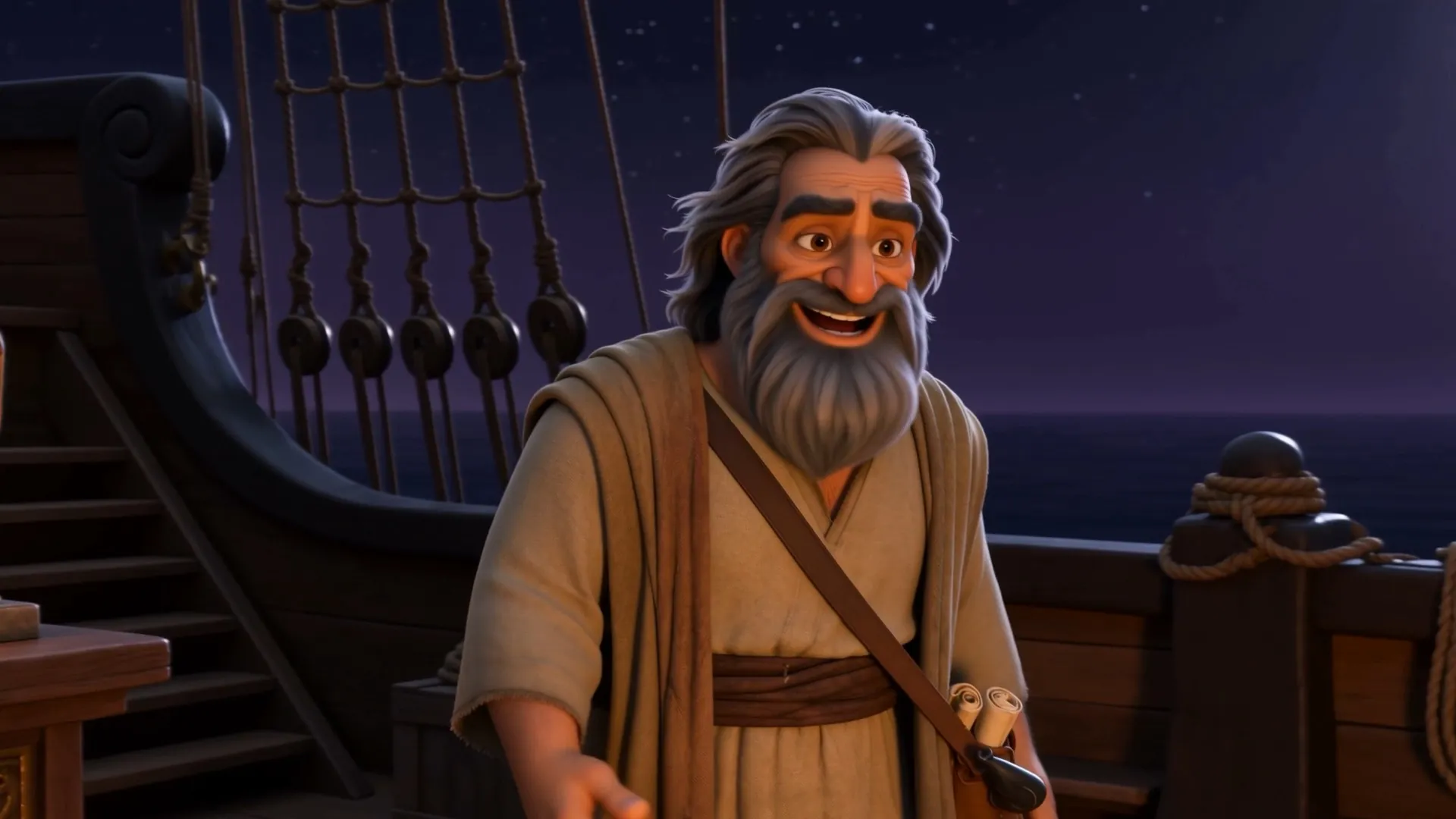 Jonah talks with the crew under the moon