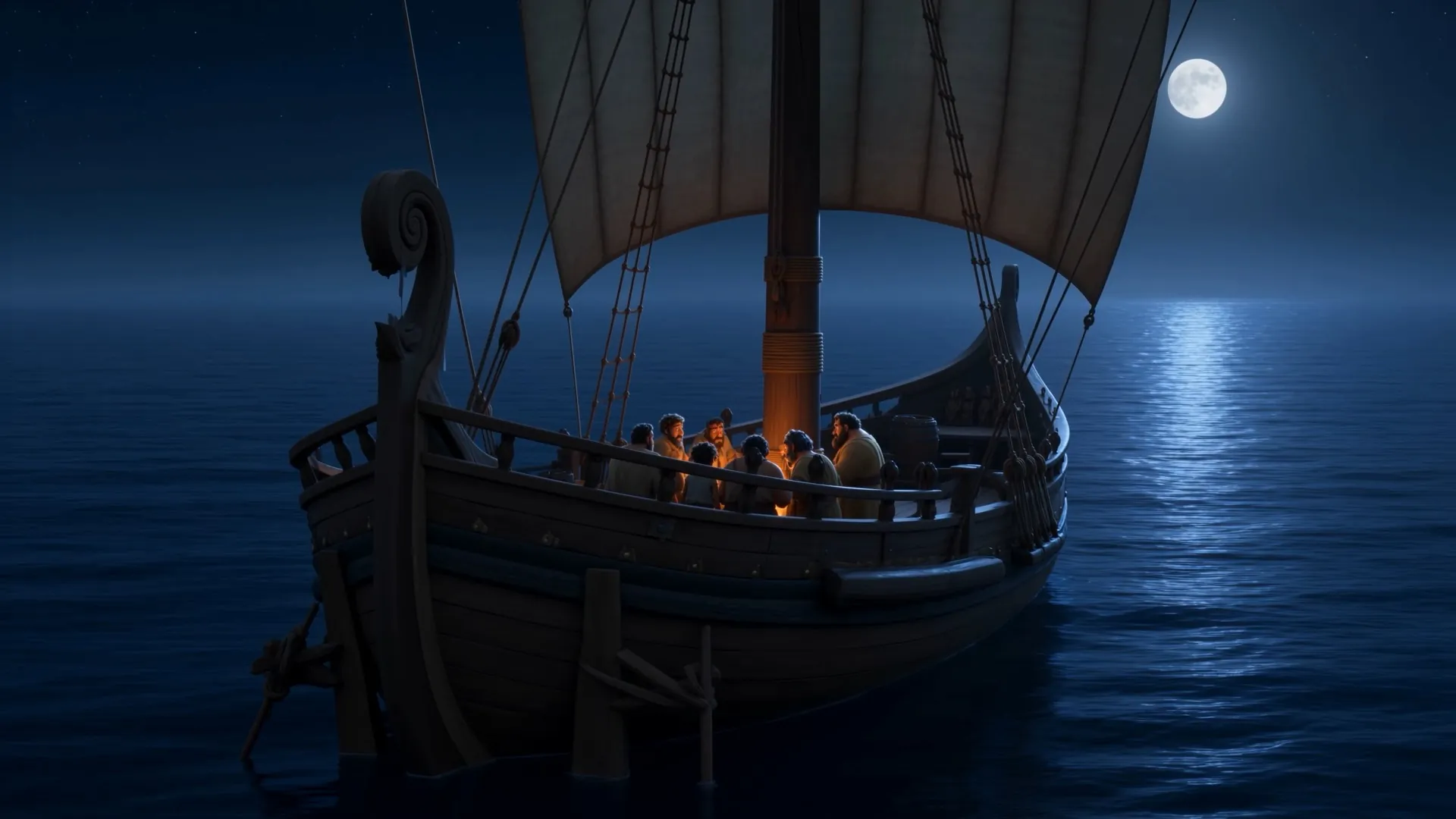 The ship on a calm moonlit sea