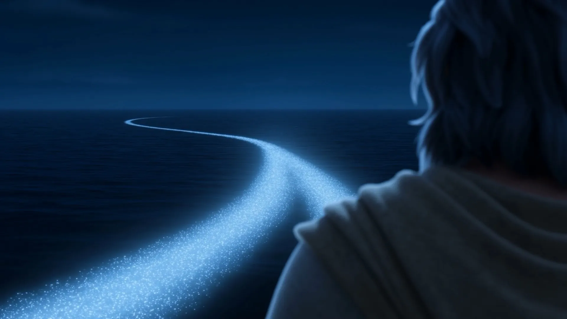 The ship's wake glows on the black water