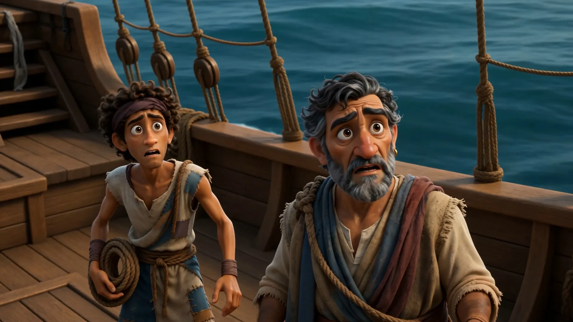 Two sailors look up, alarmed