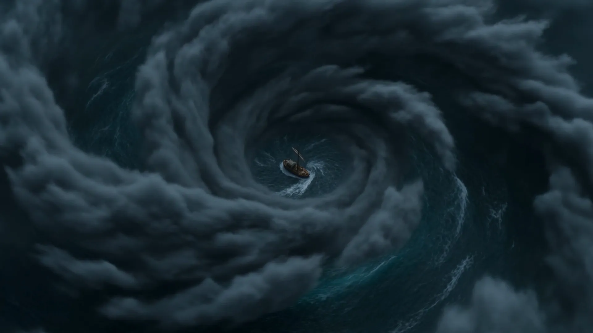 From above — a spiral of storm with one ship at its center