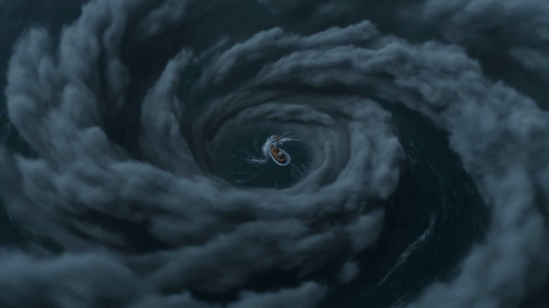 A hurricane closes its arm around one ship