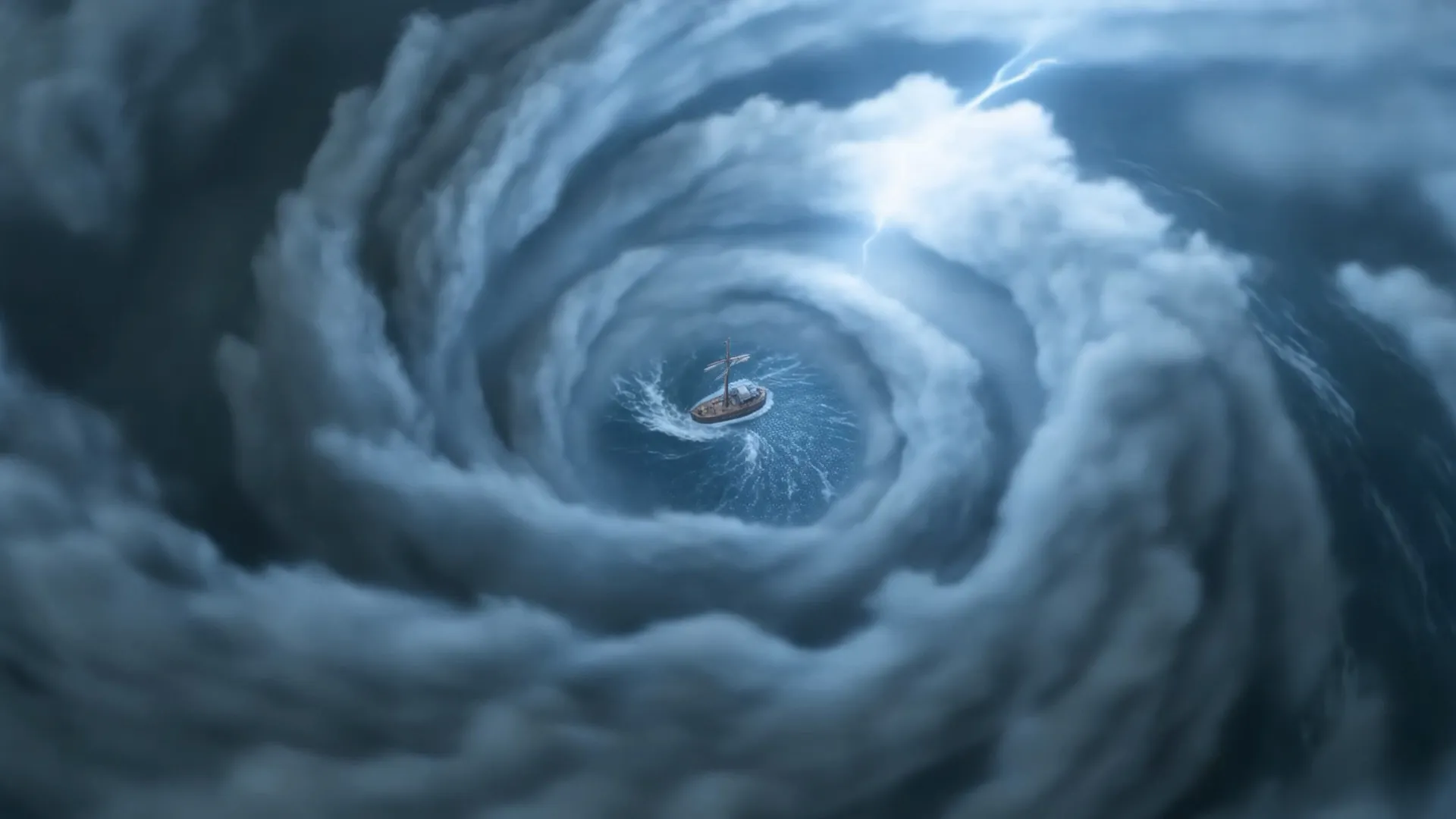 Lightning inside the spiral, the ship tiny below