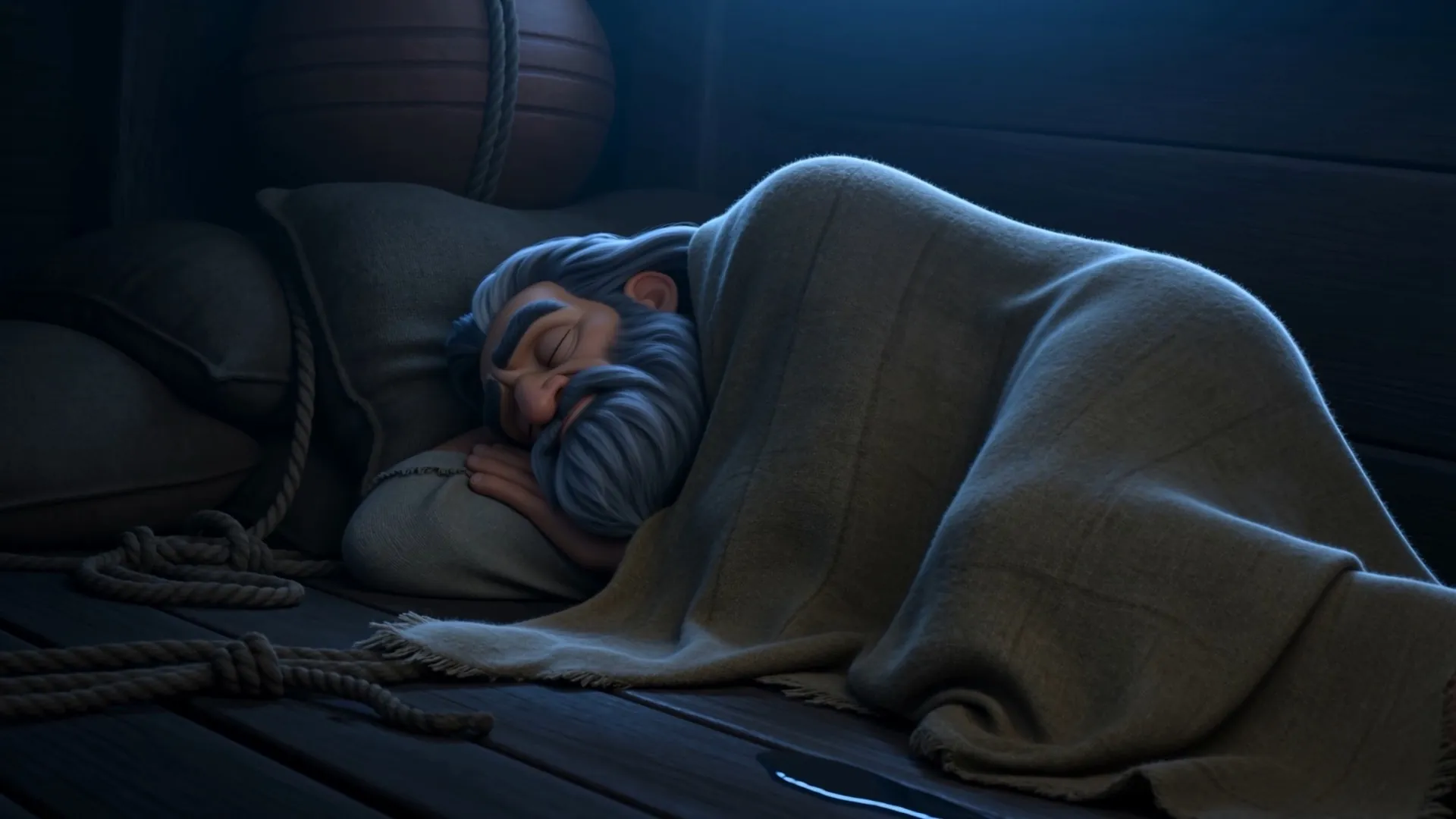 Below deck — Jonah fast asleep under a blanket