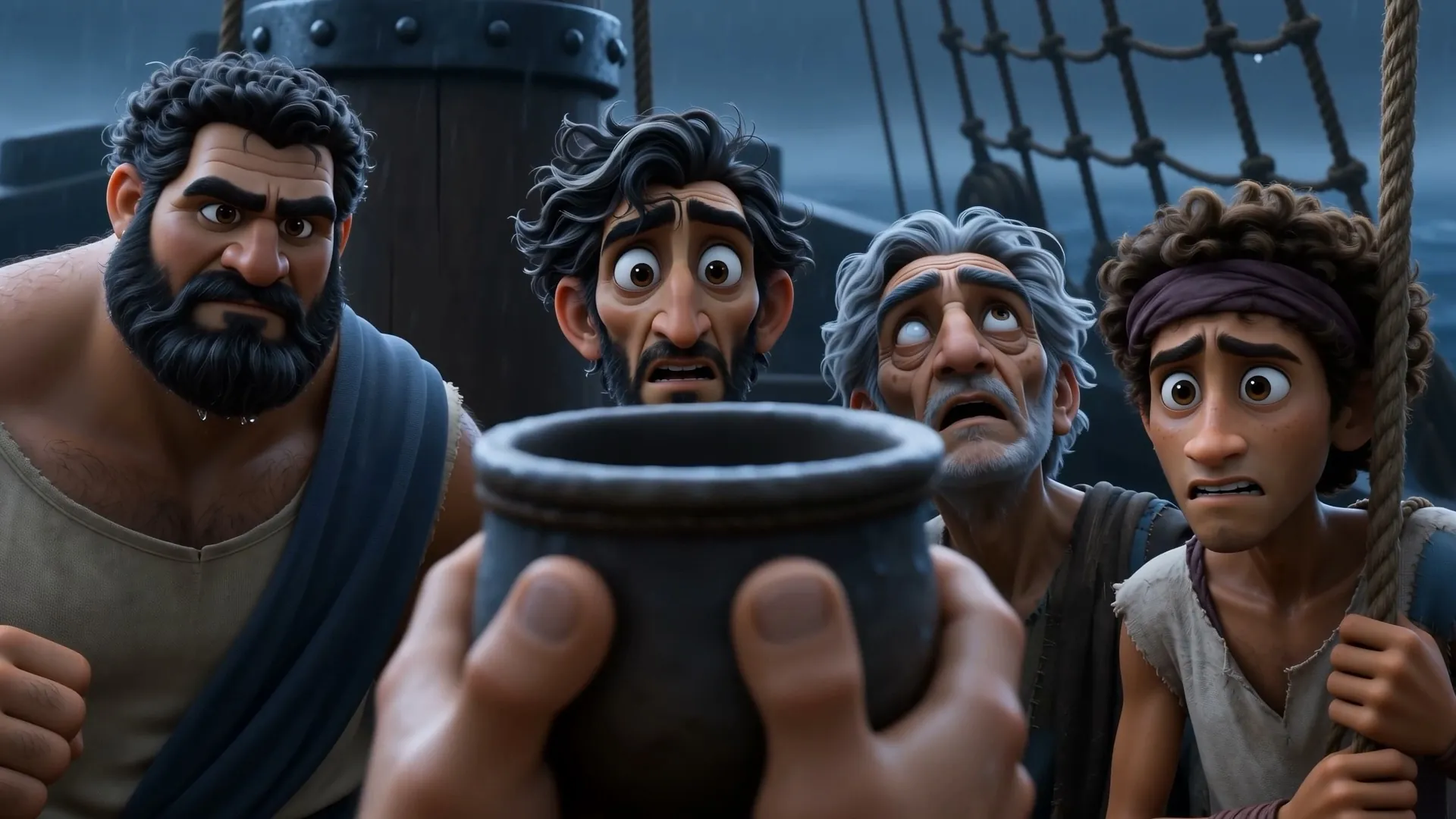 The crew stares at the cup
