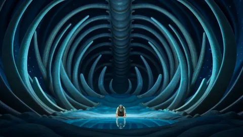 The inside of a great fish lit blue like a cathedral with a tiny figure kneeling at the centre