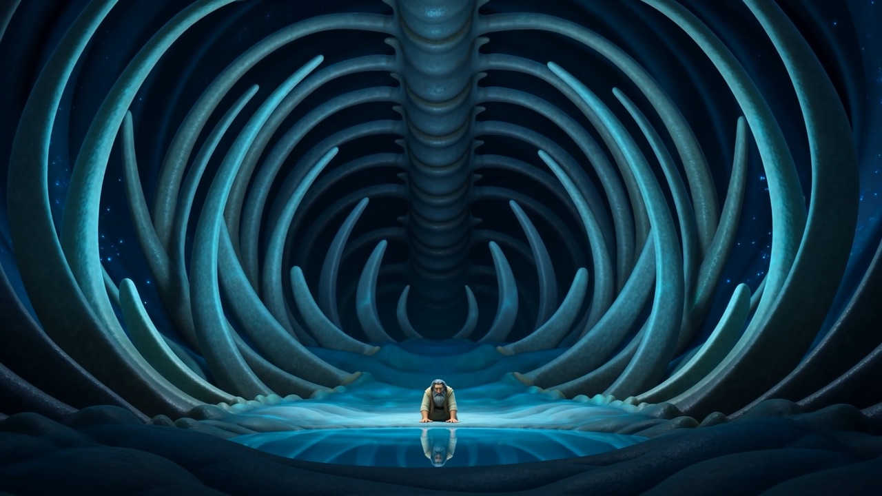 The inside of a great fish lit blue like a cathedral with a tiny figure kneeling at the centre
