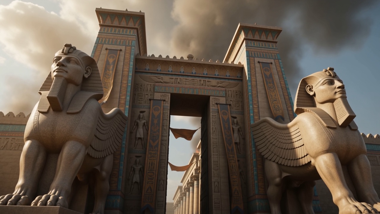 Two colossal winged bulls with human faces flanking a monumental city gateway