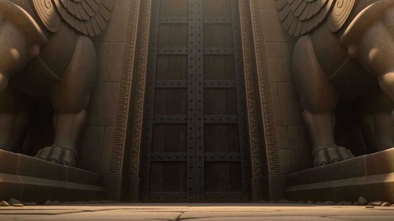 Behind him, the doors are enormous