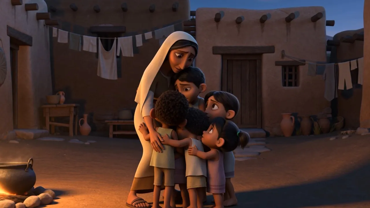 A woman gathering her children in