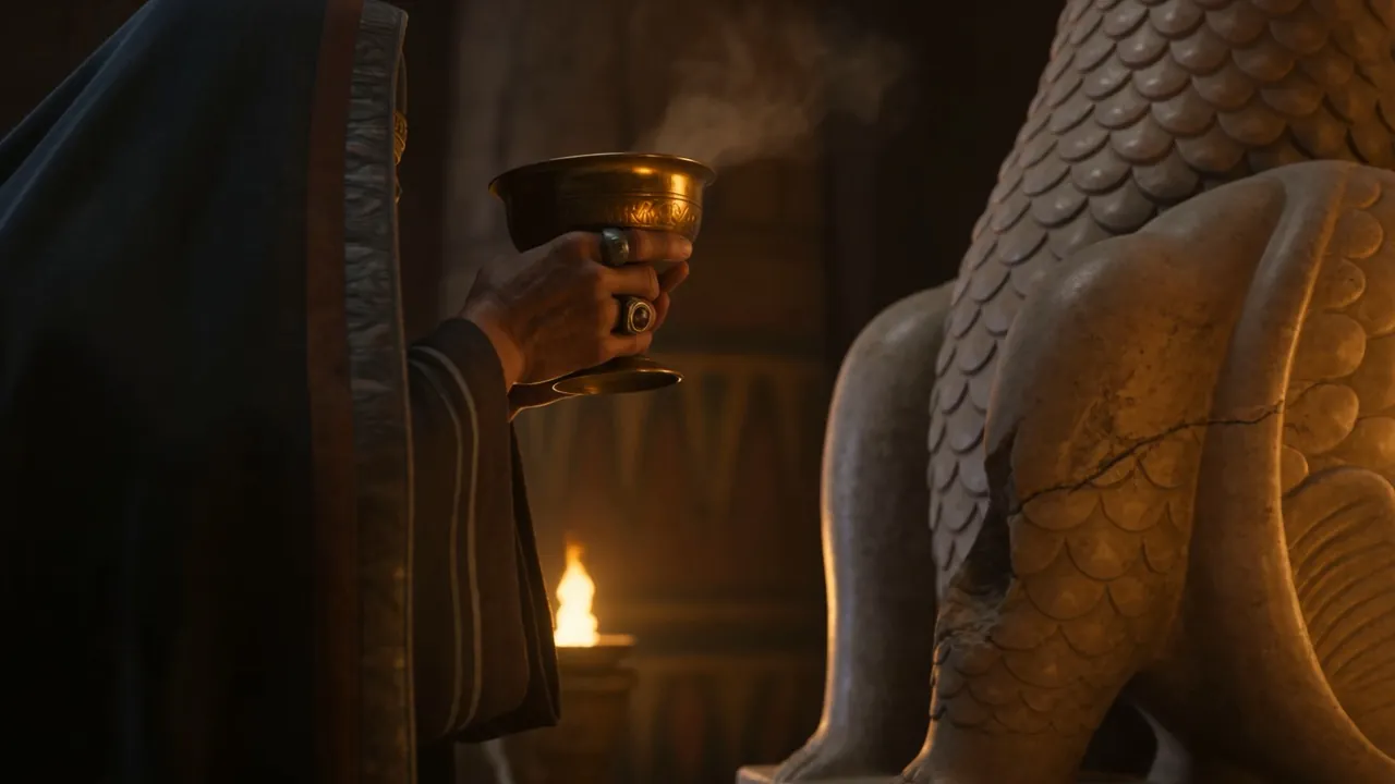 A gold cup, a ringed hand, a stone lion