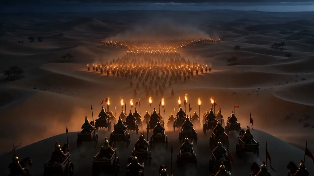 Chariots massing on the dunes behind them