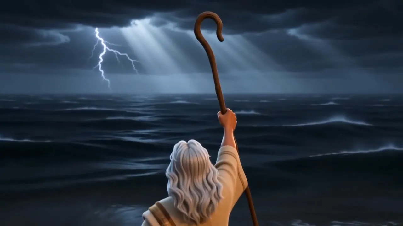 He raises the staff over the water