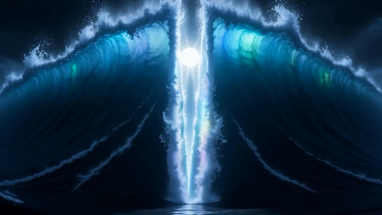 The sea opens in a wall of light