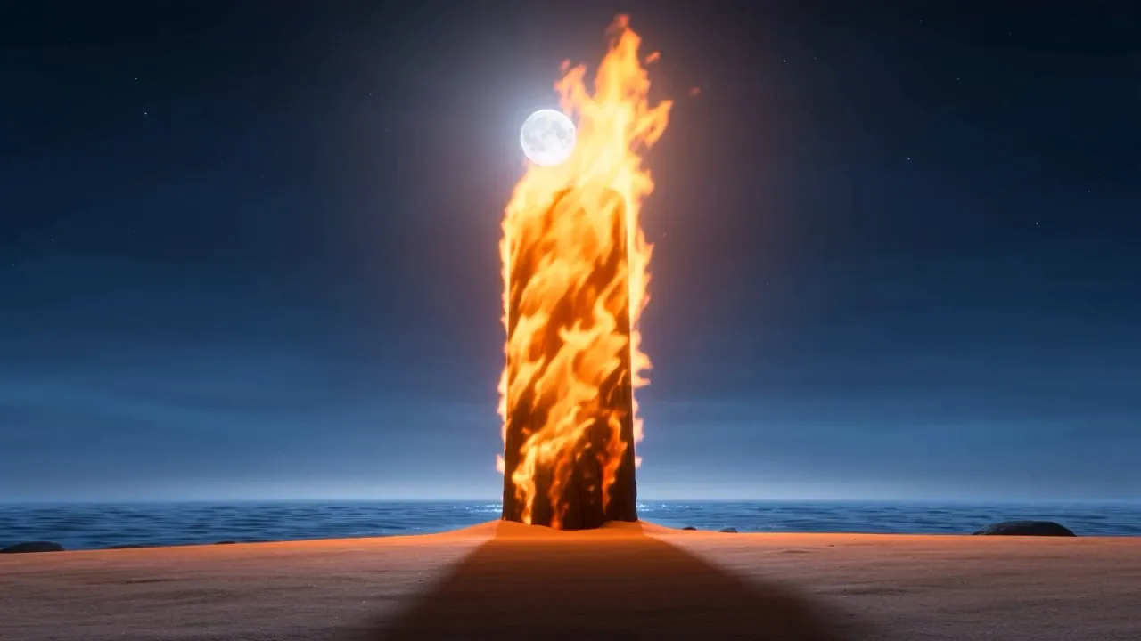 A pillar of fire standing on the shore