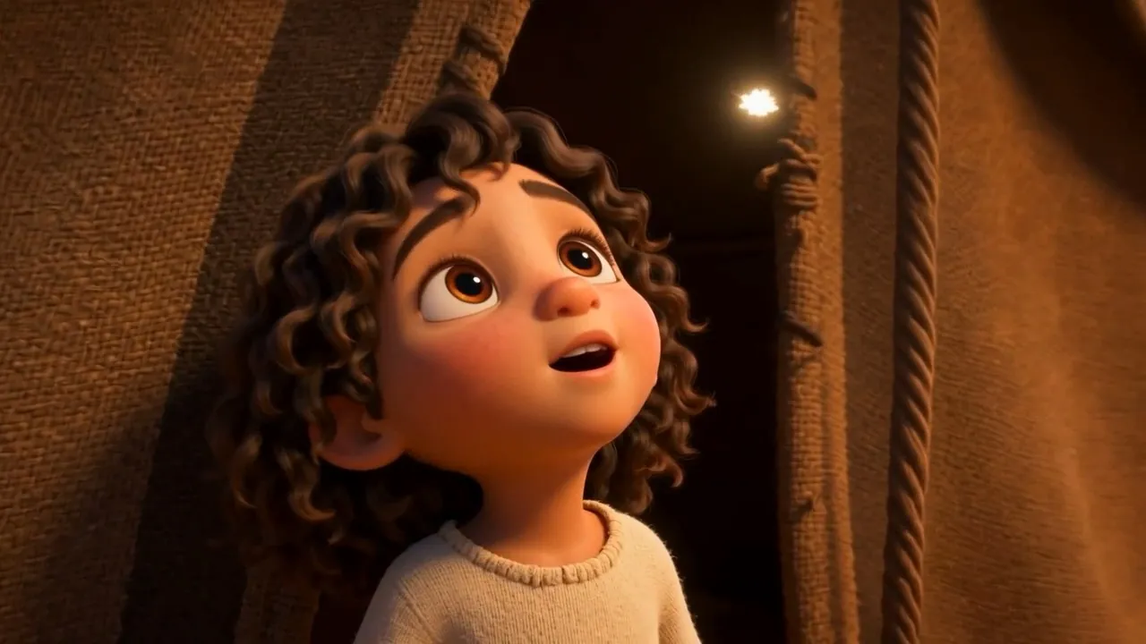 A small girl watches it from her tent door