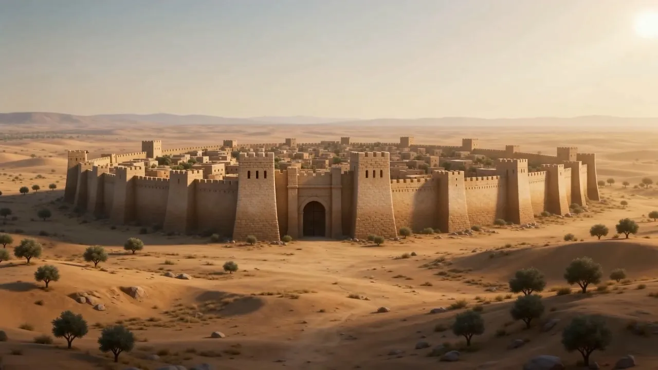 A walled city on a plain in the morning