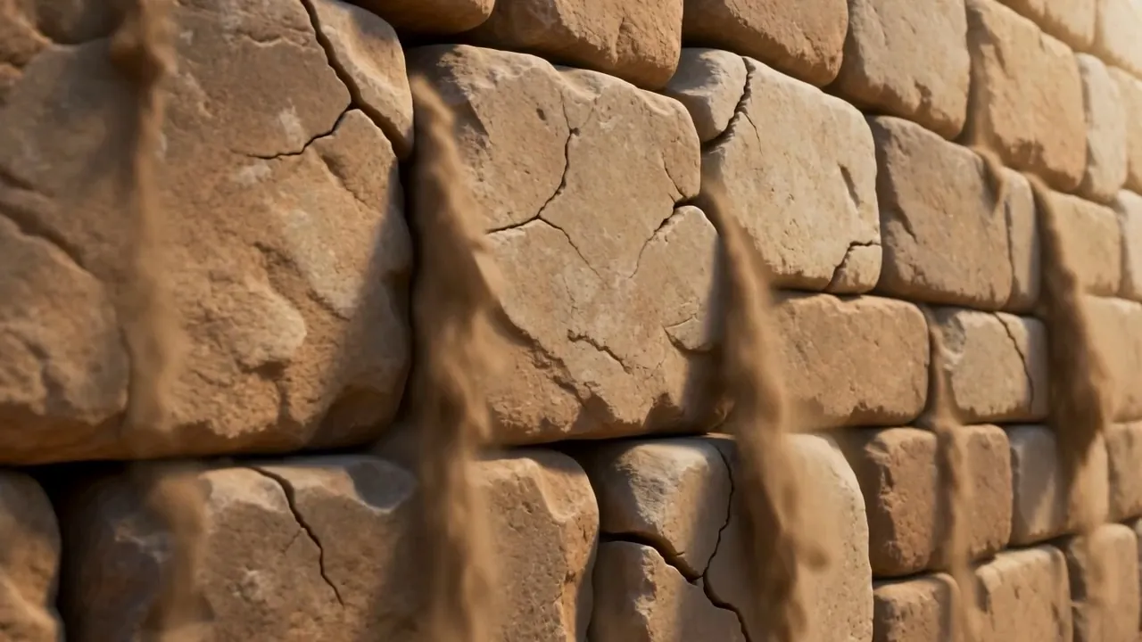 A crack runs through the stonework
