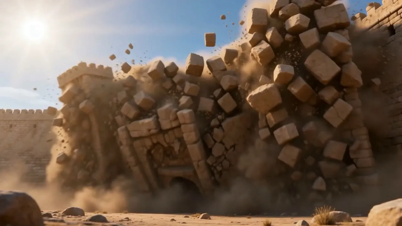 The wall comes down in a cloud of dust